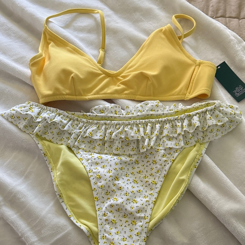 Yellow Ruffle Bikini Set - Floral Trim